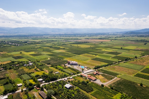 Telavi view from the helicopter high angle view of the village and fields Georgian country