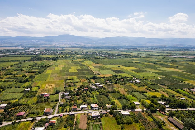 Telavi view from the helicopter high angle view of the village and fields Georgian country