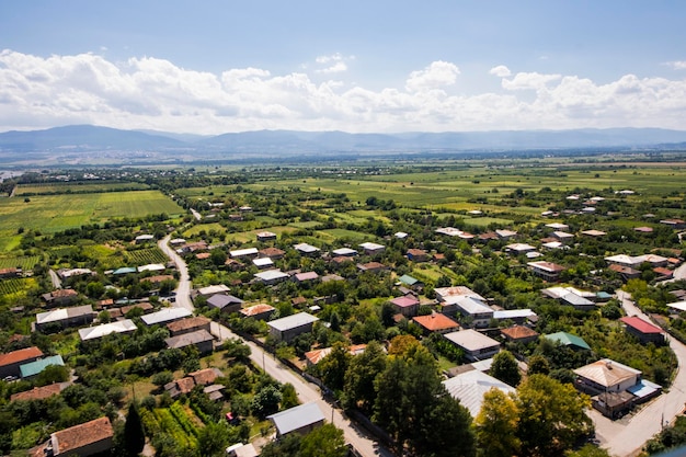 Telavi view from the helicopter high angle view of the village and fields Georgian country