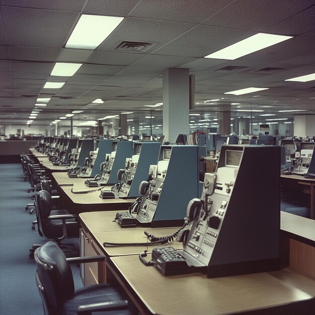 Photo a telecenter with rows of desks and telephones where agents are handling customer calls