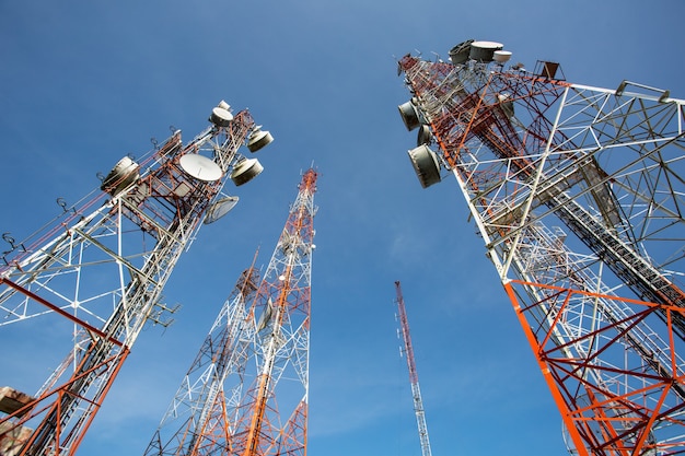 Telecommunication mast TV antennas with blue sky in the morning