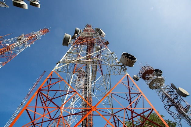 Telecommunication mast TV antennas with blue sky in the morning