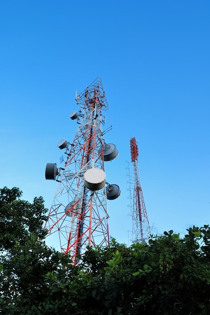 Telecommunication tower with a  sunlight. Used to transmit television signals.