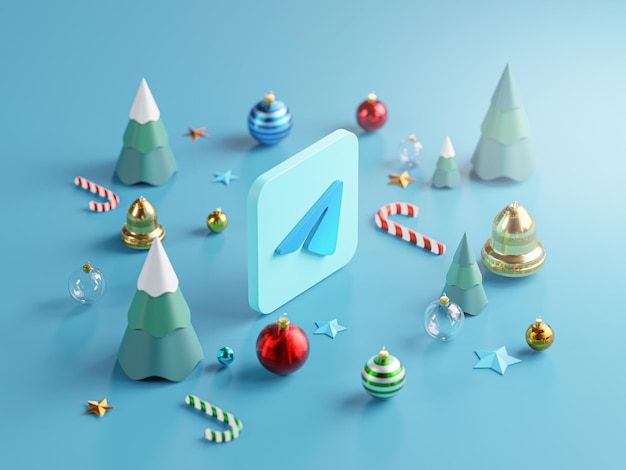 Telegram Logo Christmas Cute Ornament Lay on The Floor Blue Background 3D Render