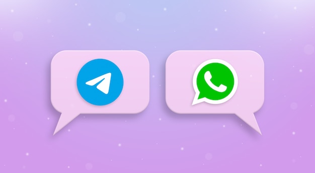 Telegram and Whatsapp logo on social comment icons 3d