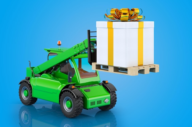 Photo telehandler with present gift delivery concept 3d rendering