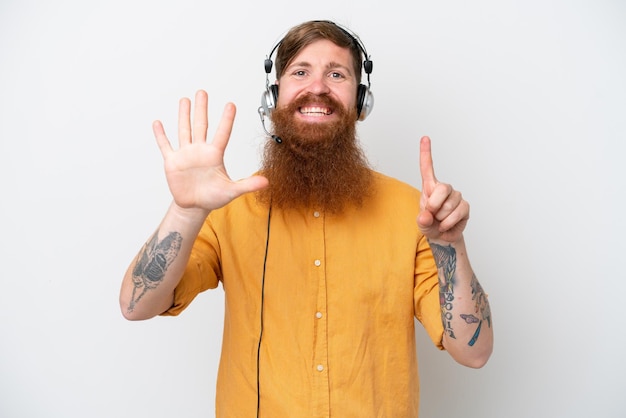 Telemarketer man isolated on white background counting six with fingers