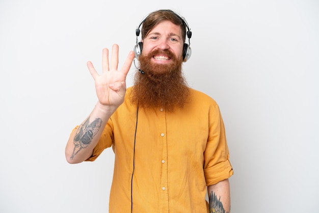 Telemarketer man isolated on white background happy and counting four with fingers