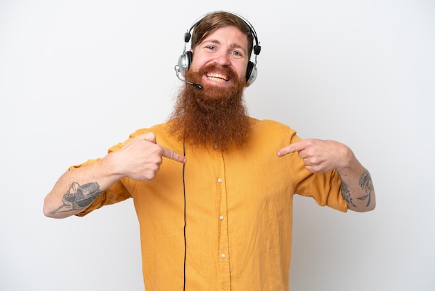 Telemarketer man isolated on white background proud and selfsatisfied