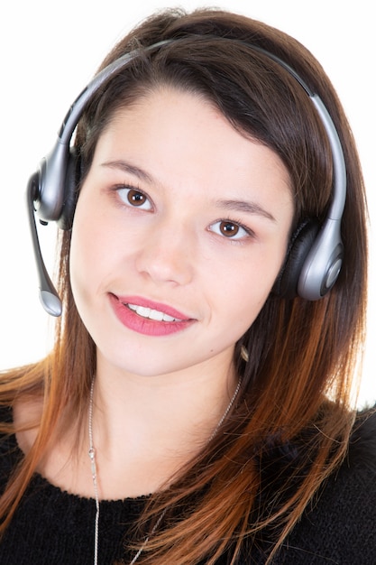 Telemarketing girl operator on white background