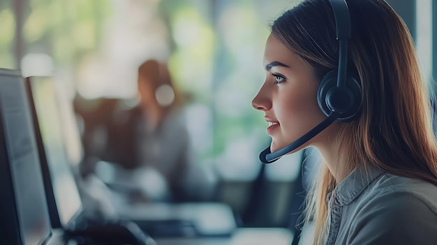 Photo telephone hotline female employee with headset online support