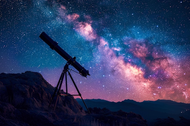 Photo a telescope is silhouetted against a night sky with stars and clouds