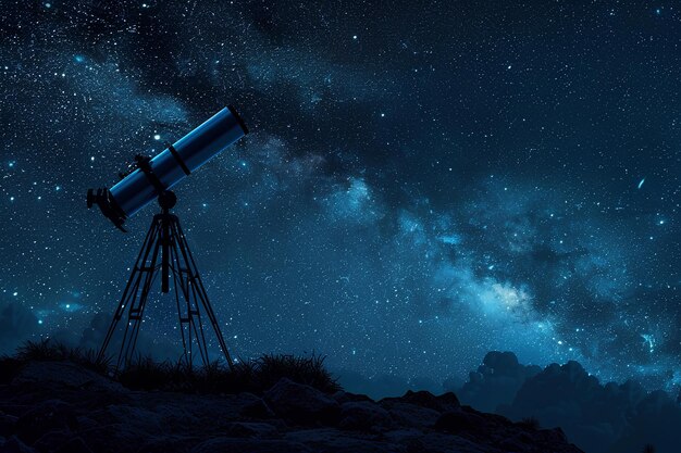 a telescope is silhouetted against a night sky with stars