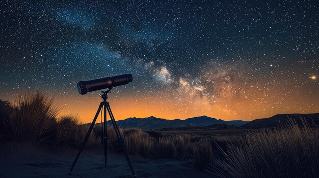 Photo a telescope is silhouetted against a night sky with the stars