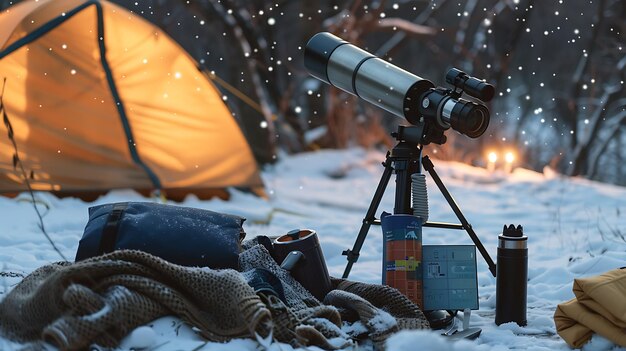 Photo telescope setup in winter campsite