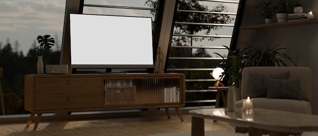 Television blank screen mockup on minimal wood TV cabinet in comfortable home living room