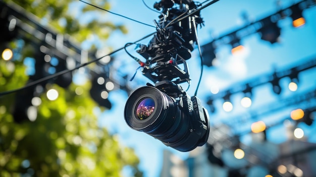 Photo a television camera hangs on cables for football or a concert