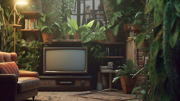 Television and houseplants in room scene background