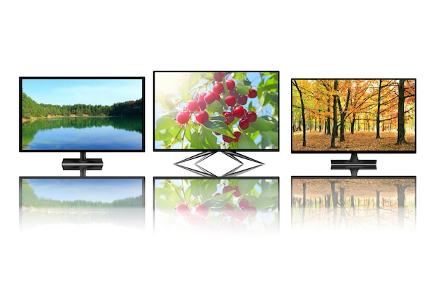 Television monitors isolated on white background Flat high definition TV