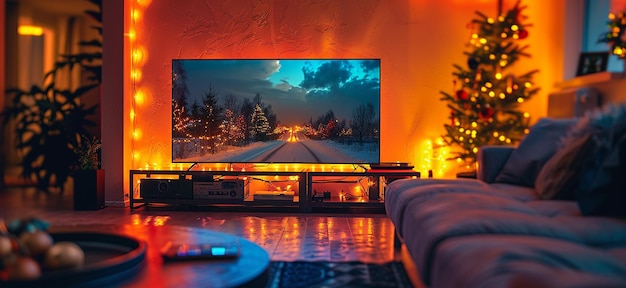 a television screen is lit up in front of a fireplace with christmas lights