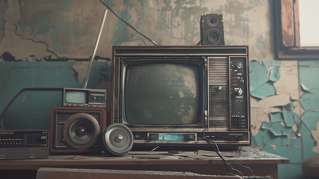 a television set is on a table with other radios