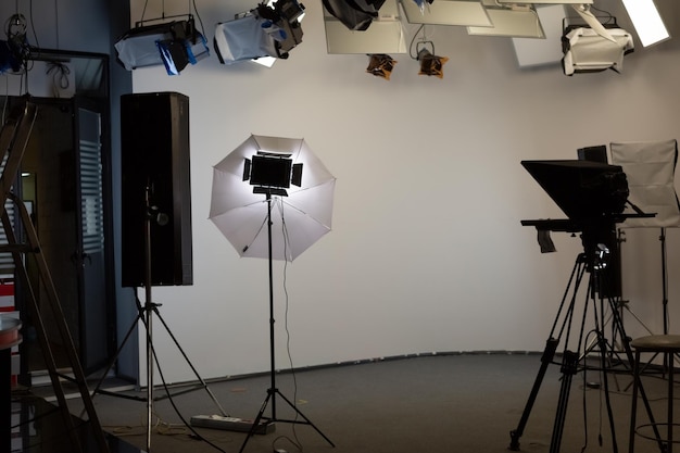 Television studio with various lighting fixtures