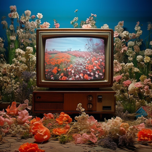 television with flowers