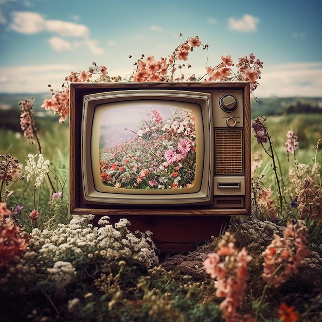 television with flowers