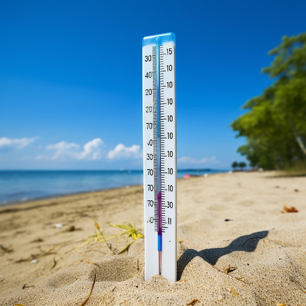 a temperature is on the beach and is at the top of the sand