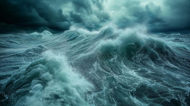 Tempestuous ocean waves under stormy skies