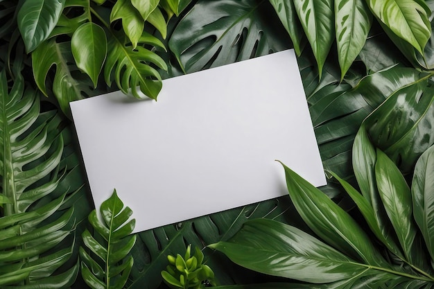 Template for a banner a blank white piece of paper green leaves of an exotic plant space for text