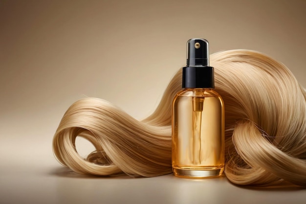 Template for a banner a bottle of hair product on a background of golden blonde curls of hair