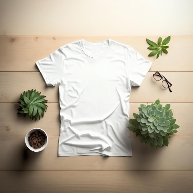 Template blank shirt top view on white wooden background Generative AI illustration