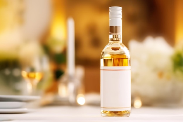 Template of bottle of white wine on table with holiday setting on blurred restaurant background