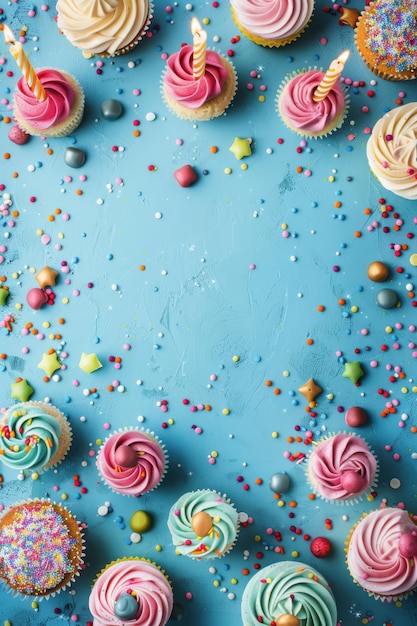 Photo template featuring a festive birthday frame with candles and cupcakes