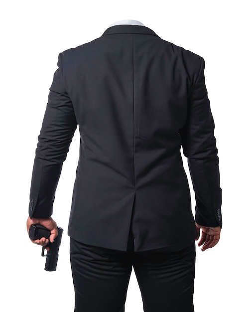 Template of a gunman wearing a black suit and holding a pistol isolated included with clipping path