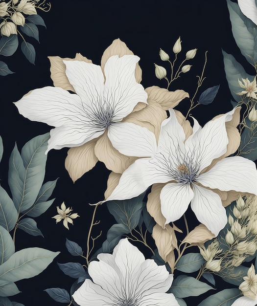 Template for invatation with white flowers and dark background