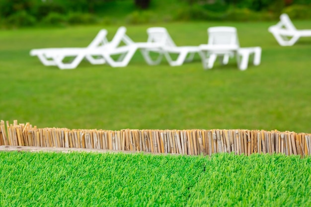 Template for product placement Background or backdrop lawn grass on background plastic deck chair