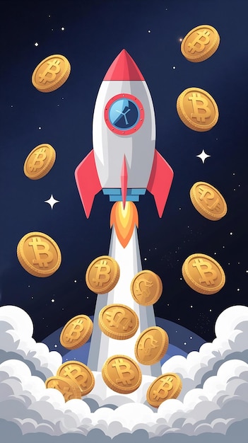 Photo template of a rocket flying into space with gold coins of cryptocurrency the rise of the price of c