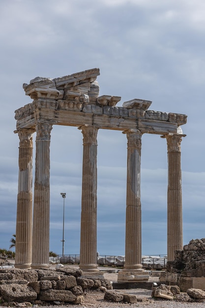 Temple of Apollo at the ancient city of Side in Antalya region on the Mediterranean coast of Turkey.