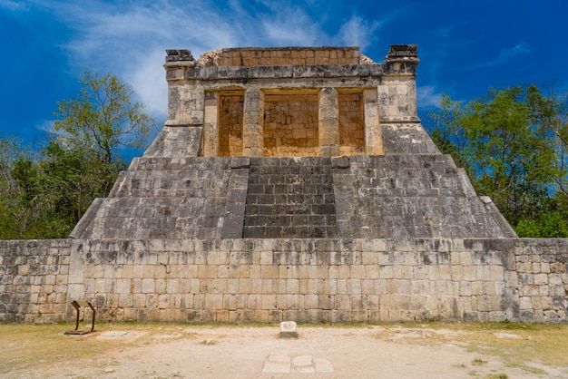 Temple of the Bearded Man at the end of Great Ball Court for playing poktapok near Chichen Itza pyramid Yucatan Mexico Mayan civilization temple ruins archeological site