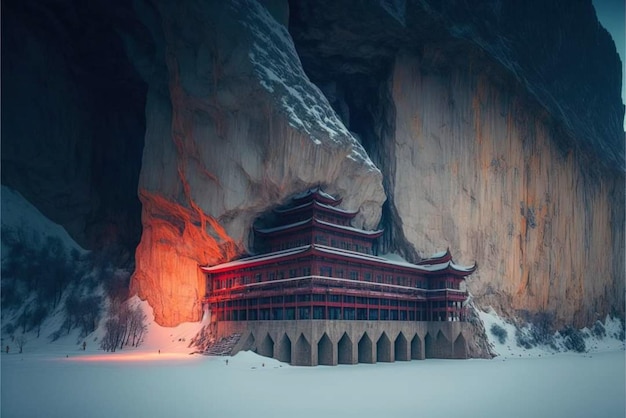 A temple in a cave with a snowy mountain in the background