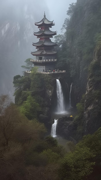 A temple on a cliff with a waterfall in the background