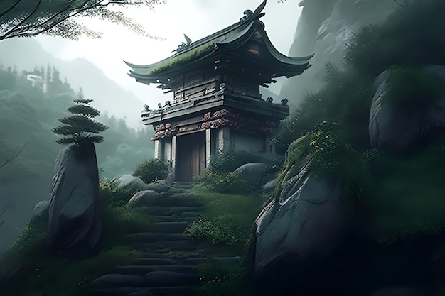 A temple in the forest with a mountain in the background