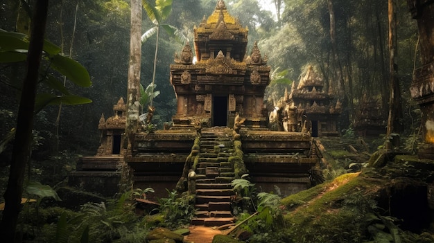 A temple in the jungle with a jungle background