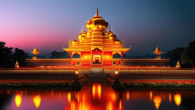 A temple lit up at night with the lights on.