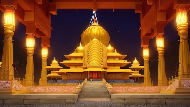 A temple in the night with a large dome and a large dome with the name maharaj on it.