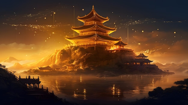 A temple on the shore of a lake with lights and a fire in the sky