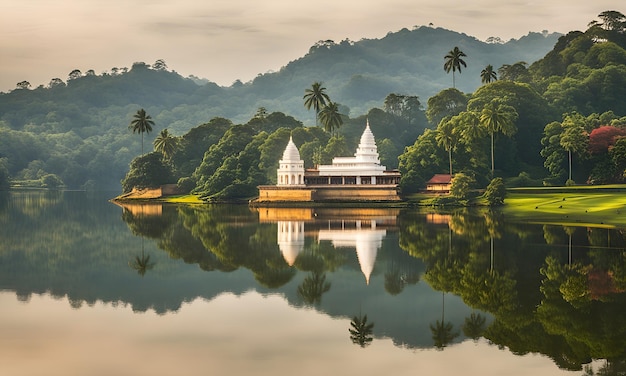 a temple sits in the middle of a lake with palm trees in the background