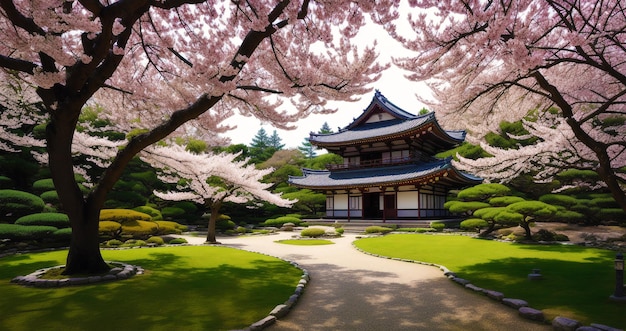 A temple in the spring with cherry blossoms in the foreground